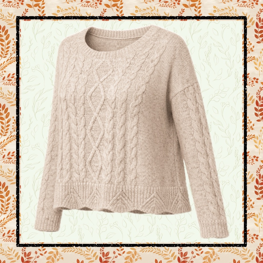 Lucky Brand Cable Knit Sweater Large NWT Cream Scalloped Hem Pullover
